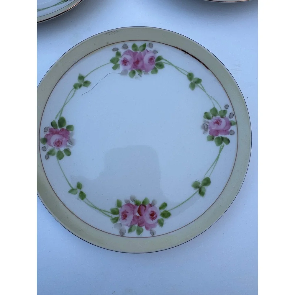 Vintage Nippon Hand Painted Pink Rose Wreath Porcelain Plates Set of 5 Japan